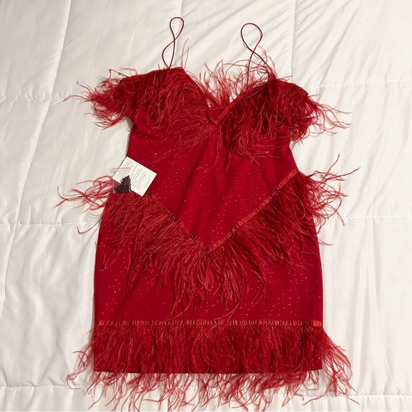 Miss Circle Red Mini Dress XL Crystals Feathers Stretch Holiday Party Dress - Picture 2 of 13